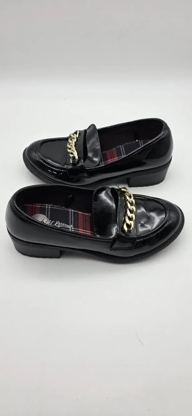 Self Esteem Girls Size 2M Black Patent Loafers Gold Chain Dress Shoes